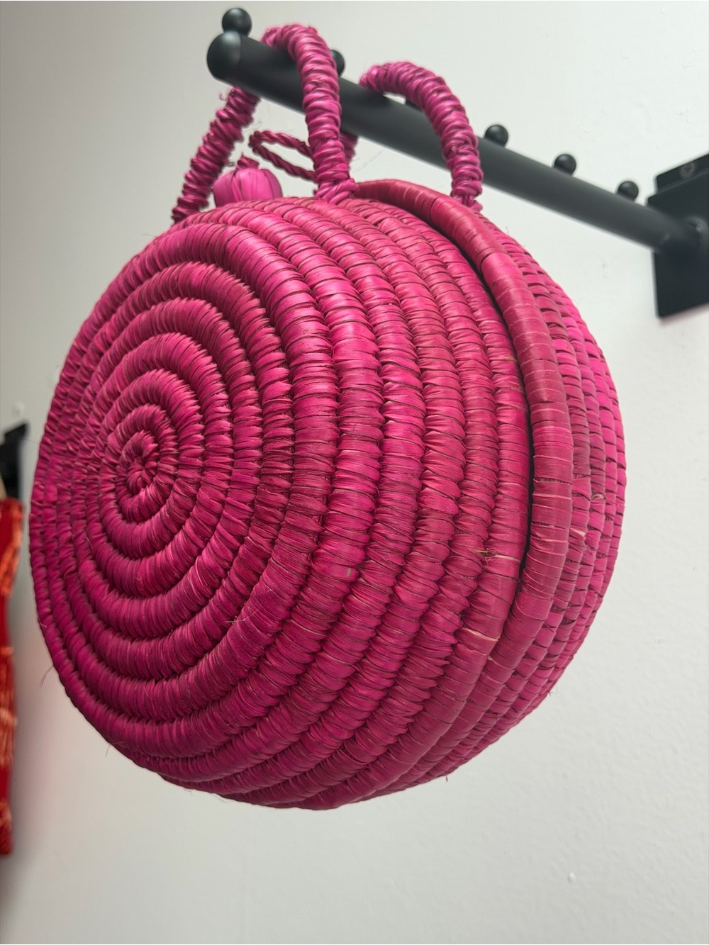 Round Woven Circle Crossbody Bag - Hot Pink
